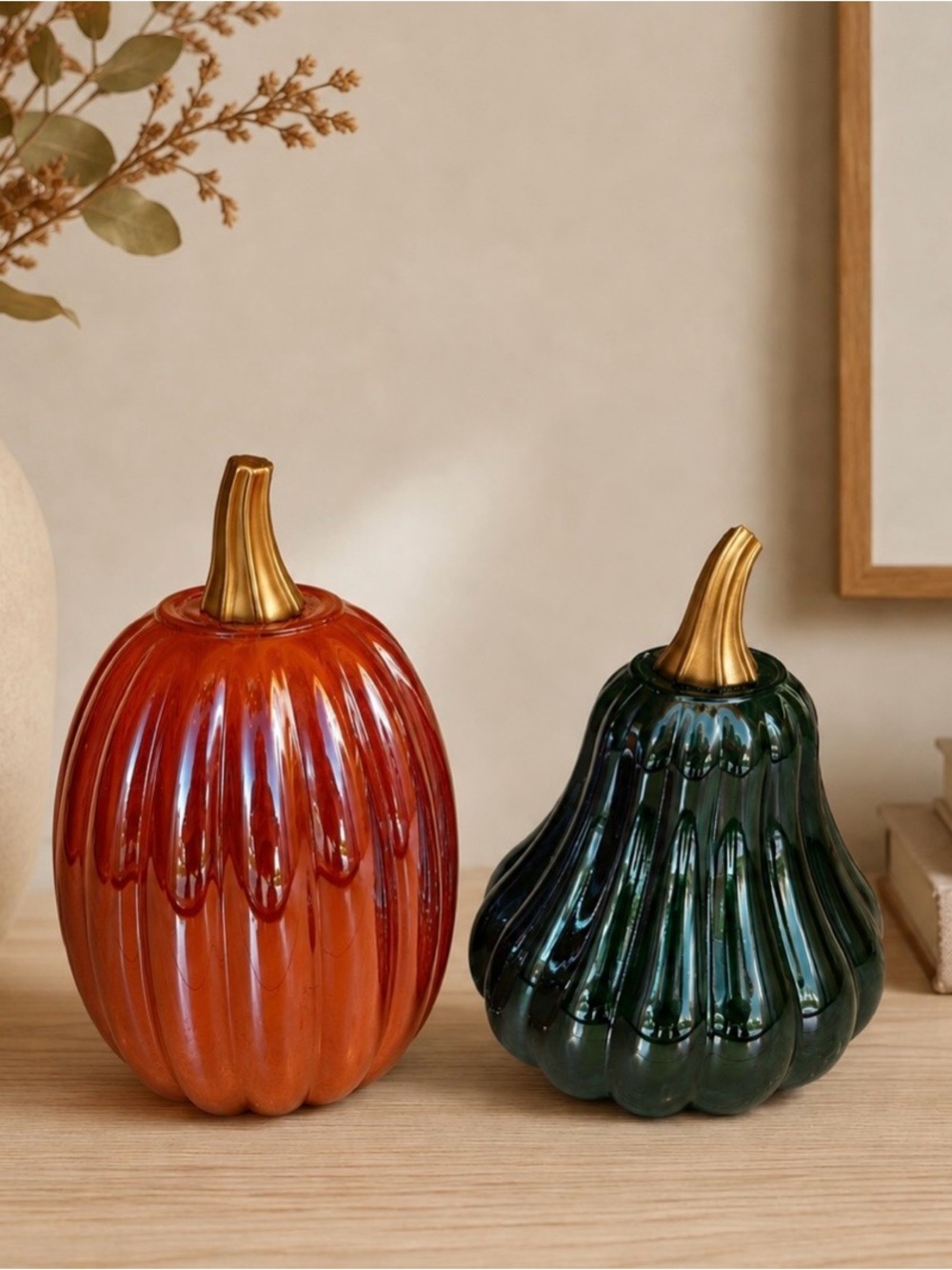 NEW Iridescent Glass Pumpkin Figurine Set of 2